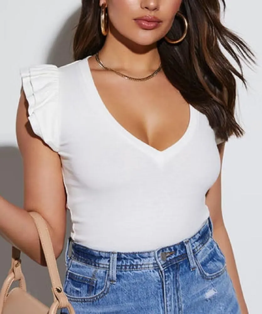 BONITEE Women Summer Ruffle Tops Sexy Deep V Neck Short Sleeve Shirts Trendy Casual Ribbed Slim Fitted Knit Tees Blouse