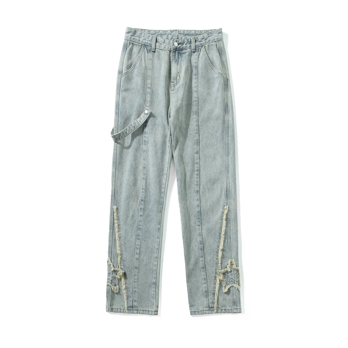 Bonsir 90s fashion men American High Street Vibe Frayed Stitching Jeans Men's Straight High-End Personalized Casual All-Match Trendy Trousers