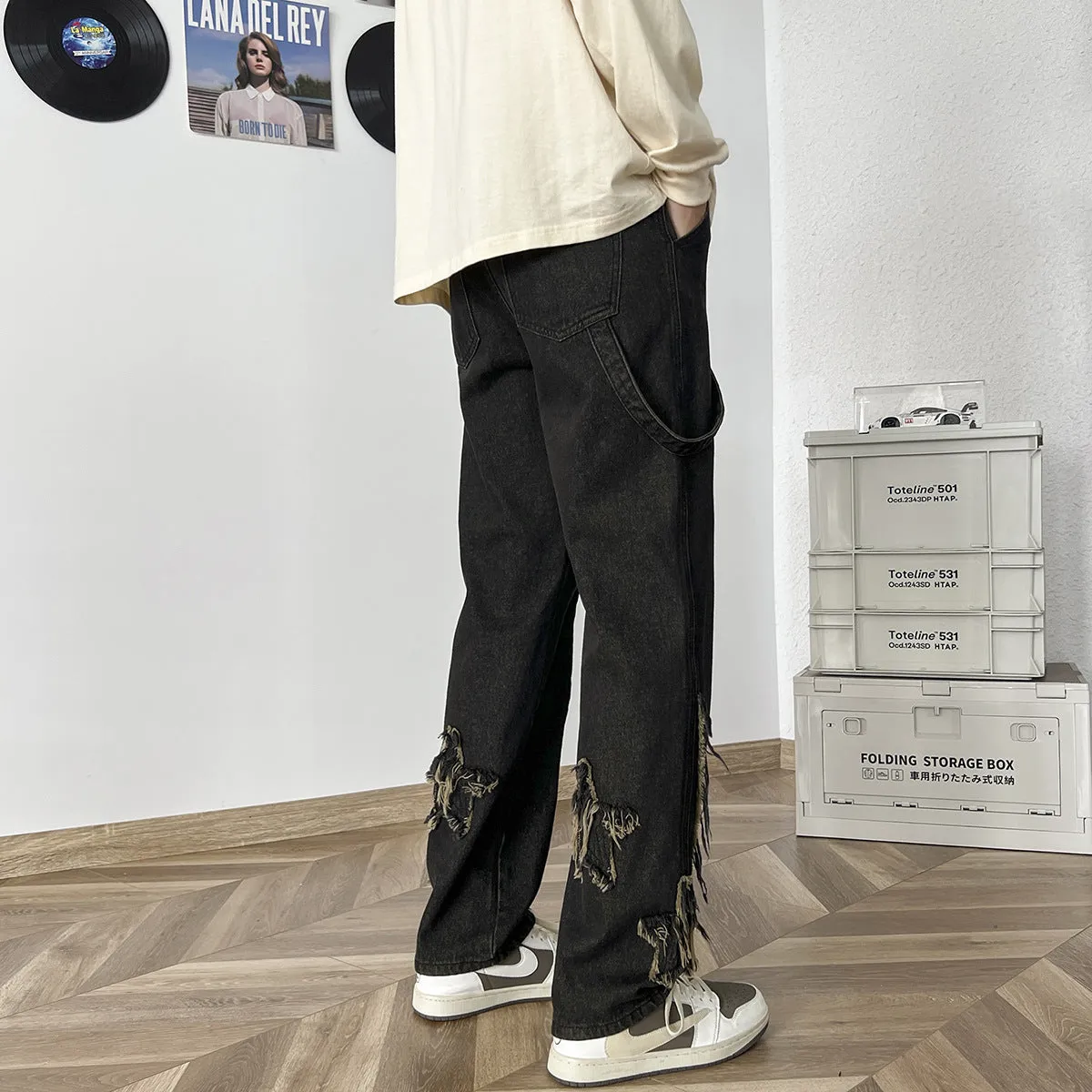 Bonsir 90s fashion men American High Street Vibe Frayed Stitching Jeans Men's Straight High-End Personalized Casual All-Match Trendy Trousers