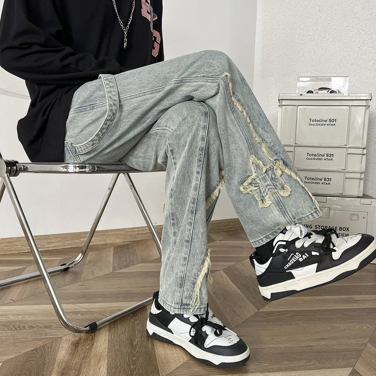Bonsir 90s fashion men American High Street Vibe Frayed Stitching Jeans Men's Straight High-End Personalized Casual All-Match Trendy Trousers