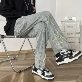 Bonsir 90s fashion men American High Street Vibe Frayed Stitching Jeans Men's Straight High-End Personalized Casual All-Match Trendy Trousers