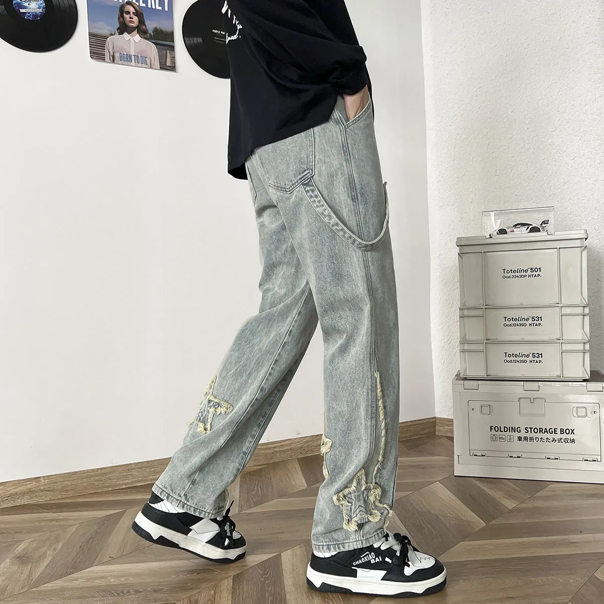 Bonsir 90s fashion men American High Street Vibe Frayed Stitching Jeans Men's Straight High-End Personalized Casual All-Match Trendy Trousers