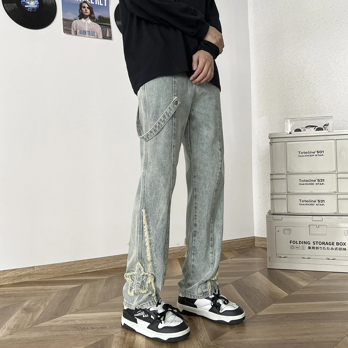 Bonsir 90s fashion men American High Street Vibe Frayed Stitching Jeans Men's Straight High-End Personalized Casual All-Match Trendy Trousers