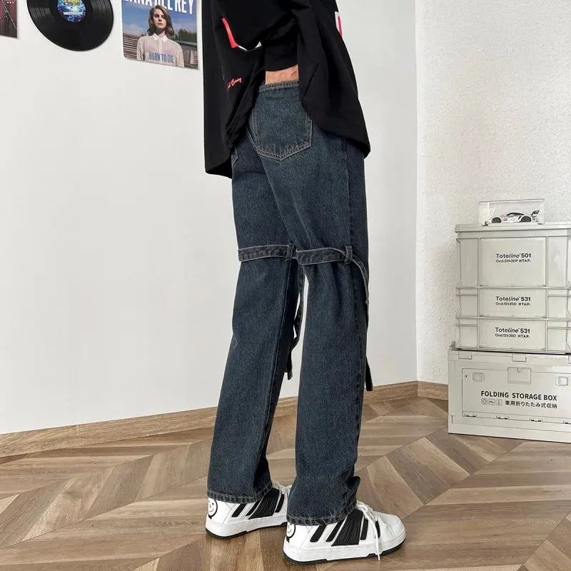 Bonsir American High Street Jeans for Men, Washed Straight-leg Trousers with Straps, Casual, Comfortable and Versatile Long Trousers