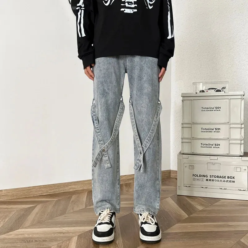 Bonsir American High Street Jeans for Men, Washed Straight-leg Trousers with Straps, Casual, Comfortable and Versatile Long Trousers