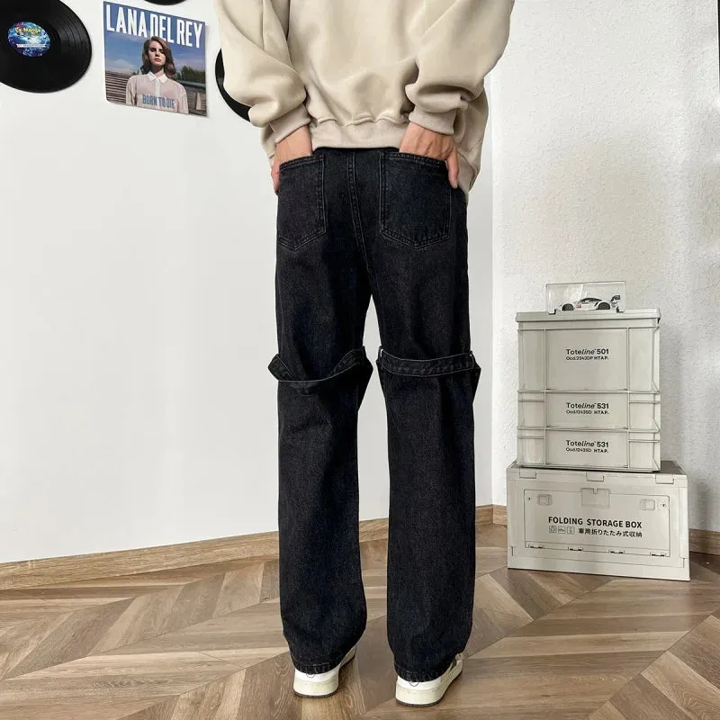 Bonsir American High Street Jeans for Men, Washed Straight-leg Trousers with Straps, Casual, Comfortable and Versatile Long Trousers