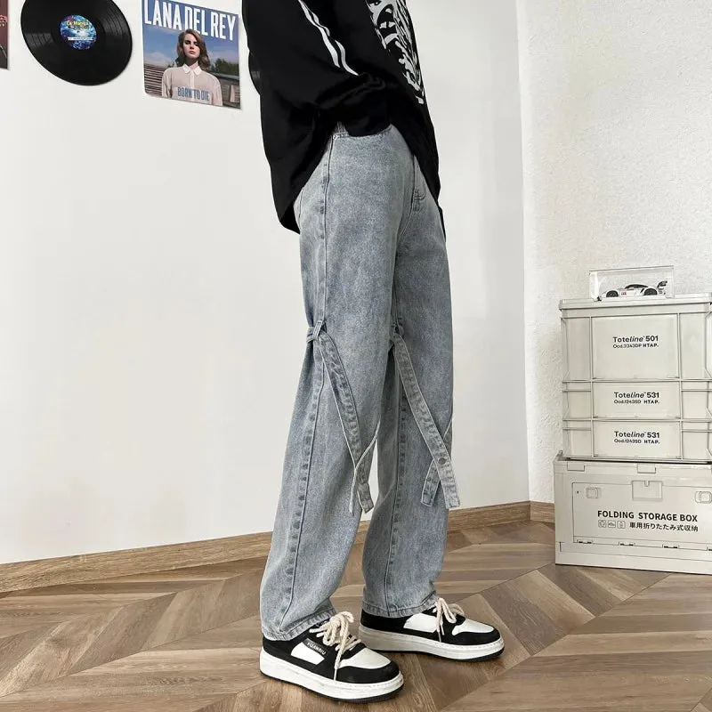 Bonsir American High Street Jeans for Men, Washed Straight-leg Trousers with Straps, Casual, Comfortable and Versatile Long Trousers
