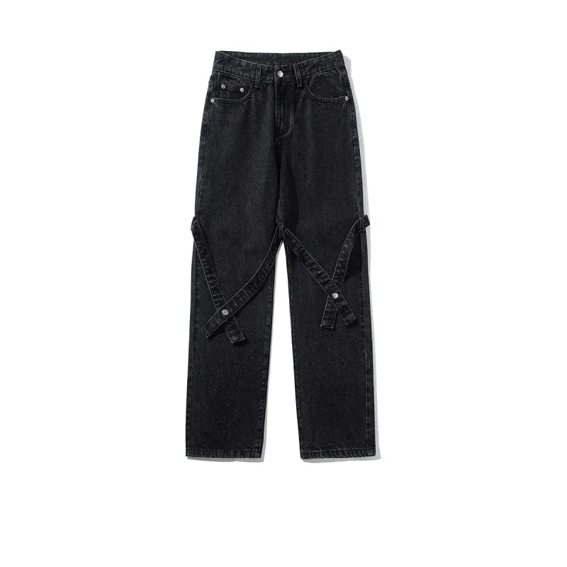 Bonsir American High Street Jeans for Men, Washed Straight-leg Trousers with Straps, Casual, Comfortable and Versatile Long Trousers
