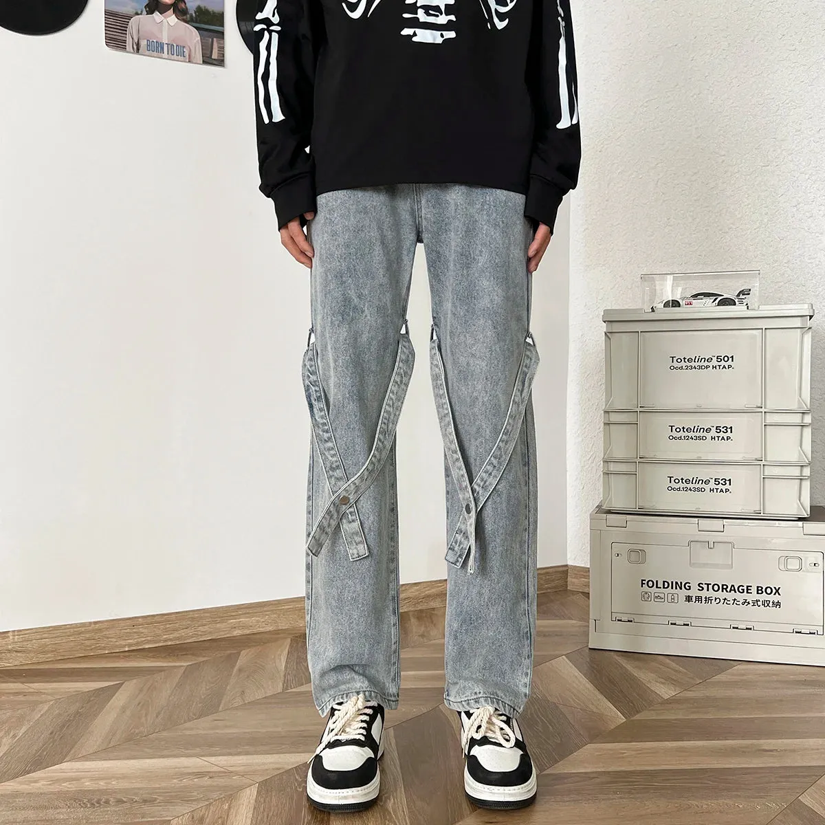 Bonsir American High Street Jeans for Men, Washed Straight-leg Trousers with Straps, Casual, Comfortable and Versatile Long Trousers