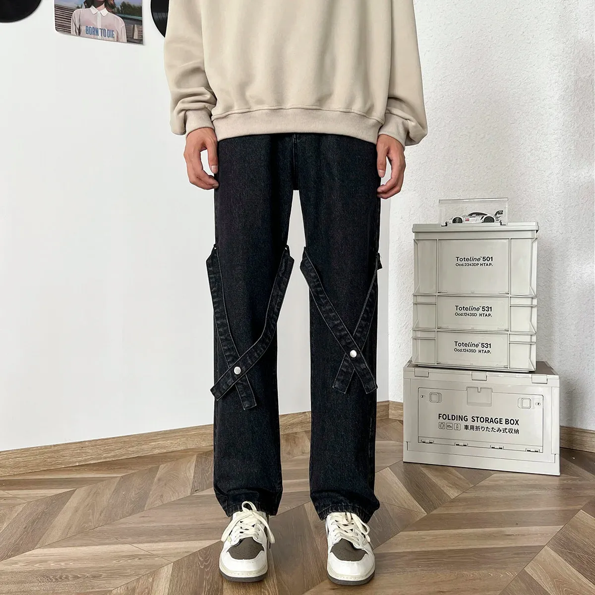 Bonsir American High Street Jeans for Men, Washed Straight-leg Trousers with Straps, Casual, Comfortable and Versatile Long Trousers