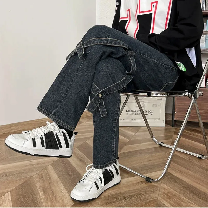 Bonsir American High Street Jeans for Men, Washed Straight-leg Trousers with Straps, Casual, Comfortable and Versatile Long Trousers