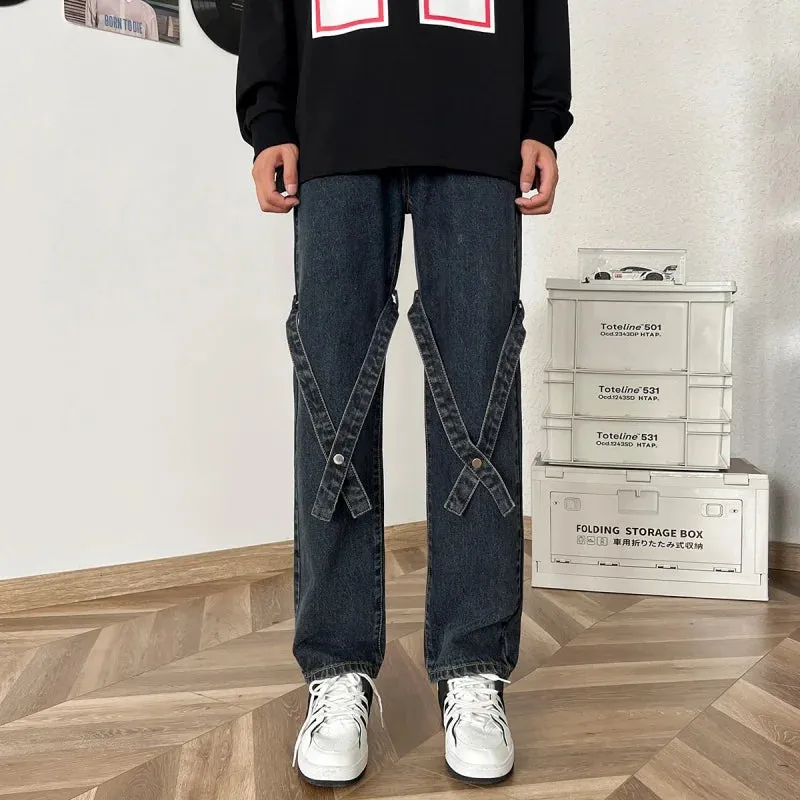 Bonsir American High Street Jeans for Men, Washed Straight-leg Trousers with Straps, Casual, Comfortable and Versatile Long Trousers