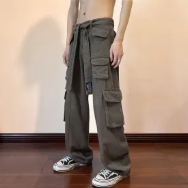Bonsir American Retro Tooling Jeans Men and Women Streetwear Hip Hop Multi Pocket Casual Pants Loose Casual Straight Wide Leg Pants