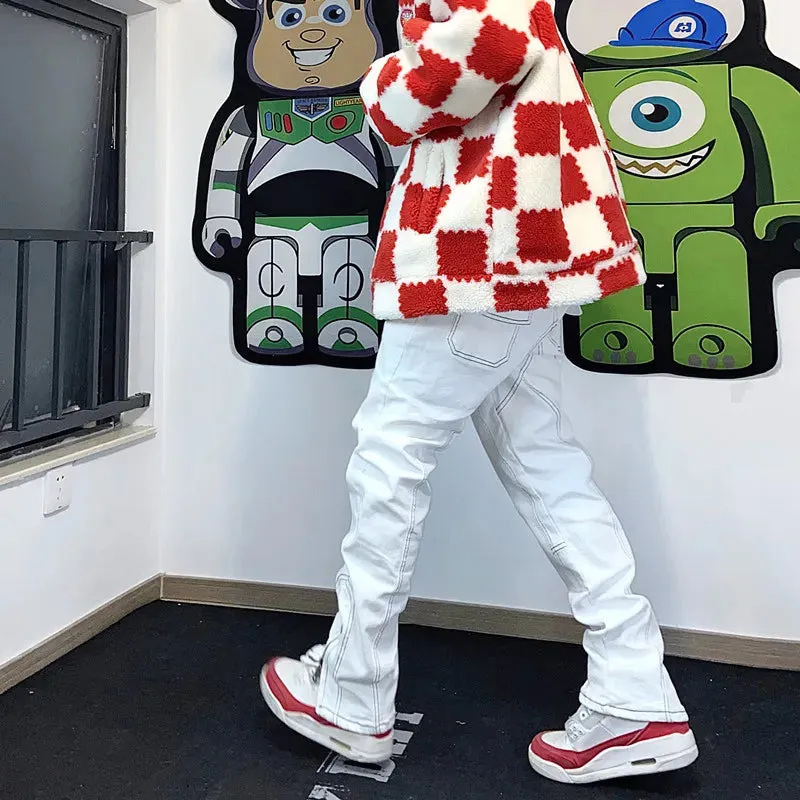 Bonsir American retro white jeans men and women trendy hip-hop functional sense zipper slit slim small straight pants men skinny jeans