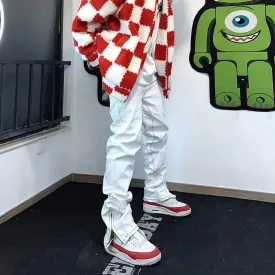 Bonsir American retro white jeans men and women trendy hip-hop functional sense zipper slit slim small straight pants men skinny jeans