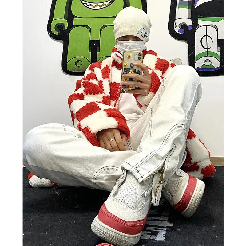 Bonsir American retro white jeans men and women trendy hip-hop functional sense zipper slit slim small straight pants men skinny jeans