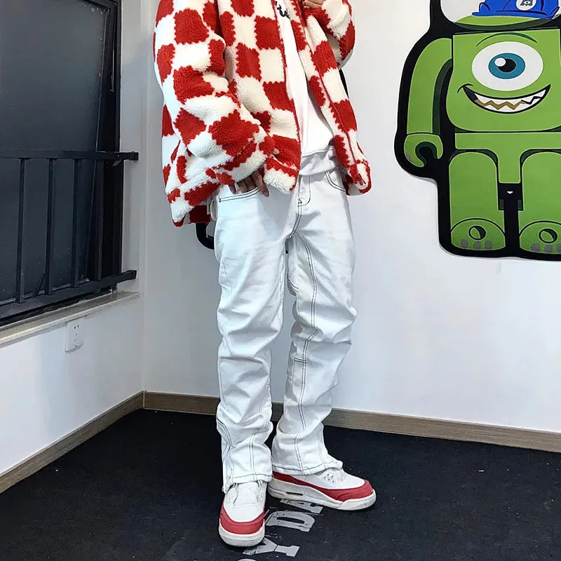 Bonsir American retro white jeans men and women trendy hip-hop functional sense zipper slit slim small straight pants men skinny jeans