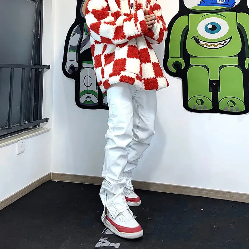 Bonsir American retro white jeans men and women trendy hip-hop functional sense zipper slit slim small straight pants men skinny jeans