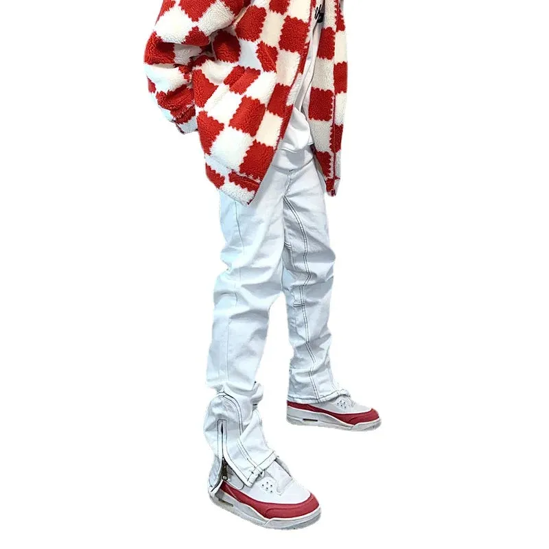 Bonsir American retro white jeans men and women trendy hip-hop functional sense zipper slit slim small straight pants men skinny jeans