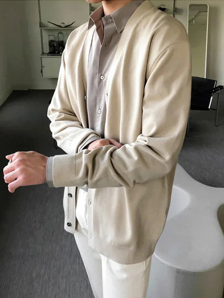 Bonsir -  Color Solid Thin V-neck Knitted Men's Casual Cardigan Spring New Korean Style Loose Simple Fashionable 2A2030