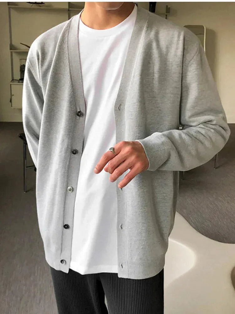 Bonsir -  Color Solid Thin V-neck Knitted Men's Casual Cardigan Spring New Korean Style Loose Simple Fashionable 2A2030