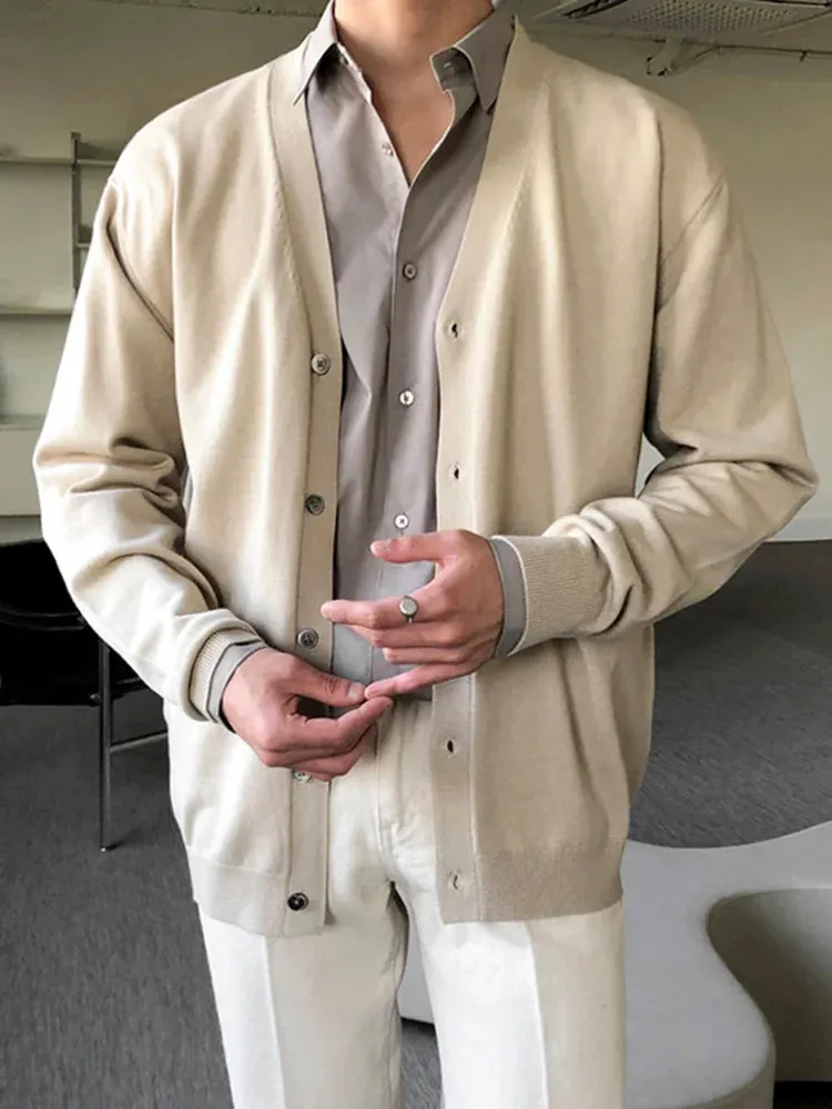 Bonsir -  Color Solid Thin V-neck Knitted Men's Casual Cardigan Spring New Korean Style Loose Simple Fashionable 2A2030