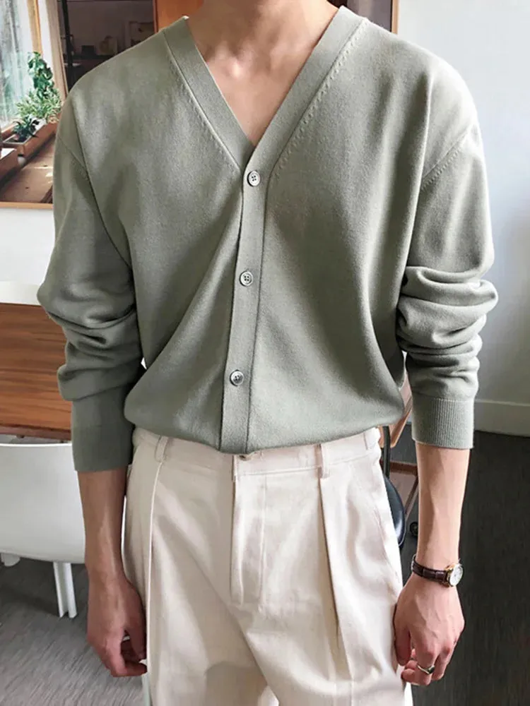 Bonsir -  Color Solid Thin V-neck Knitted Men's Casual Cardigan Spring New Korean Style Loose Simple Fashionable 2A2030