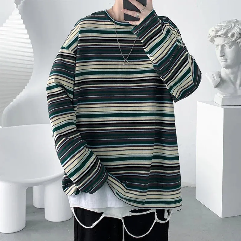 BONSIR  -  Fashion Long Sleeve Mens T Shirts Striped Tops Style Loose Casual Female Tshirt