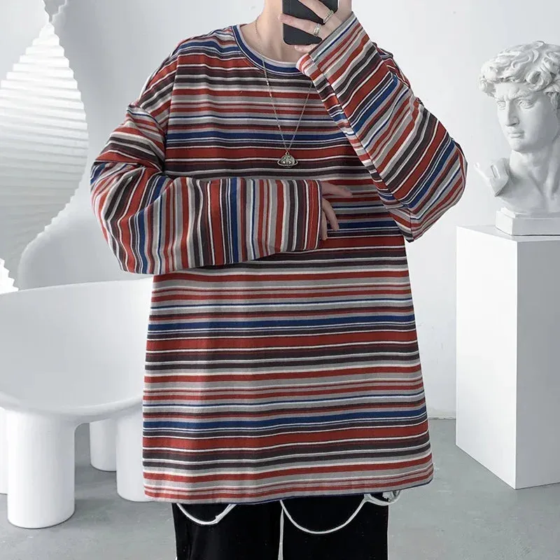 BONSIR  -  Fashion Long Sleeve Mens T Shirts Striped Tops Style Loose Casual Female Tshirt