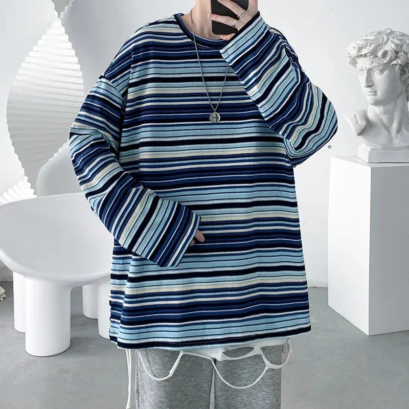 BONSIR  -  Fashion Long Sleeve Mens T Shirts Striped Tops Style Loose Casual Female Tshirt