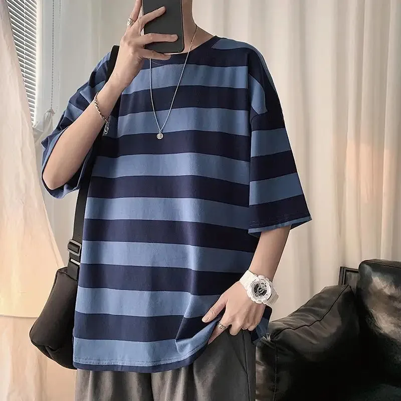BONSIR  -  Printing Round Neck Spring Summer T-Shirts Simplicity Striped Handsome Short Sleeve Pullovers Loose Streetwear Men's Clothing