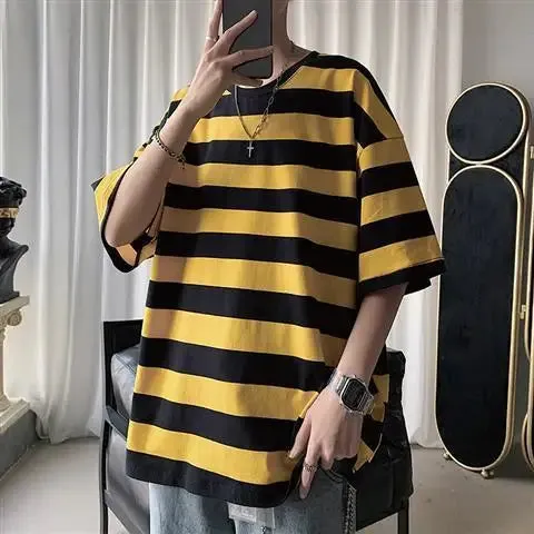 BONSIR  -  Printing Round Neck Spring Summer T-Shirts Simplicity Striped Handsome Short Sleeve Pullovers Loose Streetwear Men's Clothing