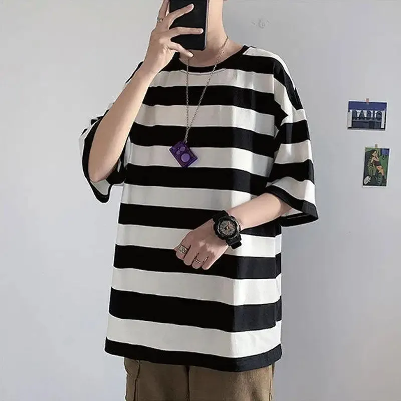 BONSIR  -  Printing Round Neck Spring Summer T-Shirts Simplicity Striped Handsome Short Sleeve Pullovers Loose Streetwear Men's Clothing