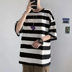 BONSIR  -  Printing Round Neck Spring Summer T-Shirts Simplicity Striped Handsome Short Sleeve Pullovers Loose Streetwear Men's Clothing
