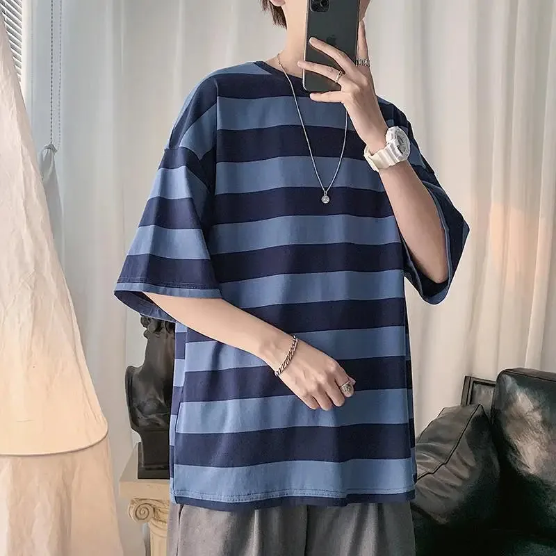 BONSIR  -  Printing Round Neck Spring Summer T-Shirts Simplicity Striped Handsome Short Sleeve Pullovers Loose Streetwear Men's Clothing