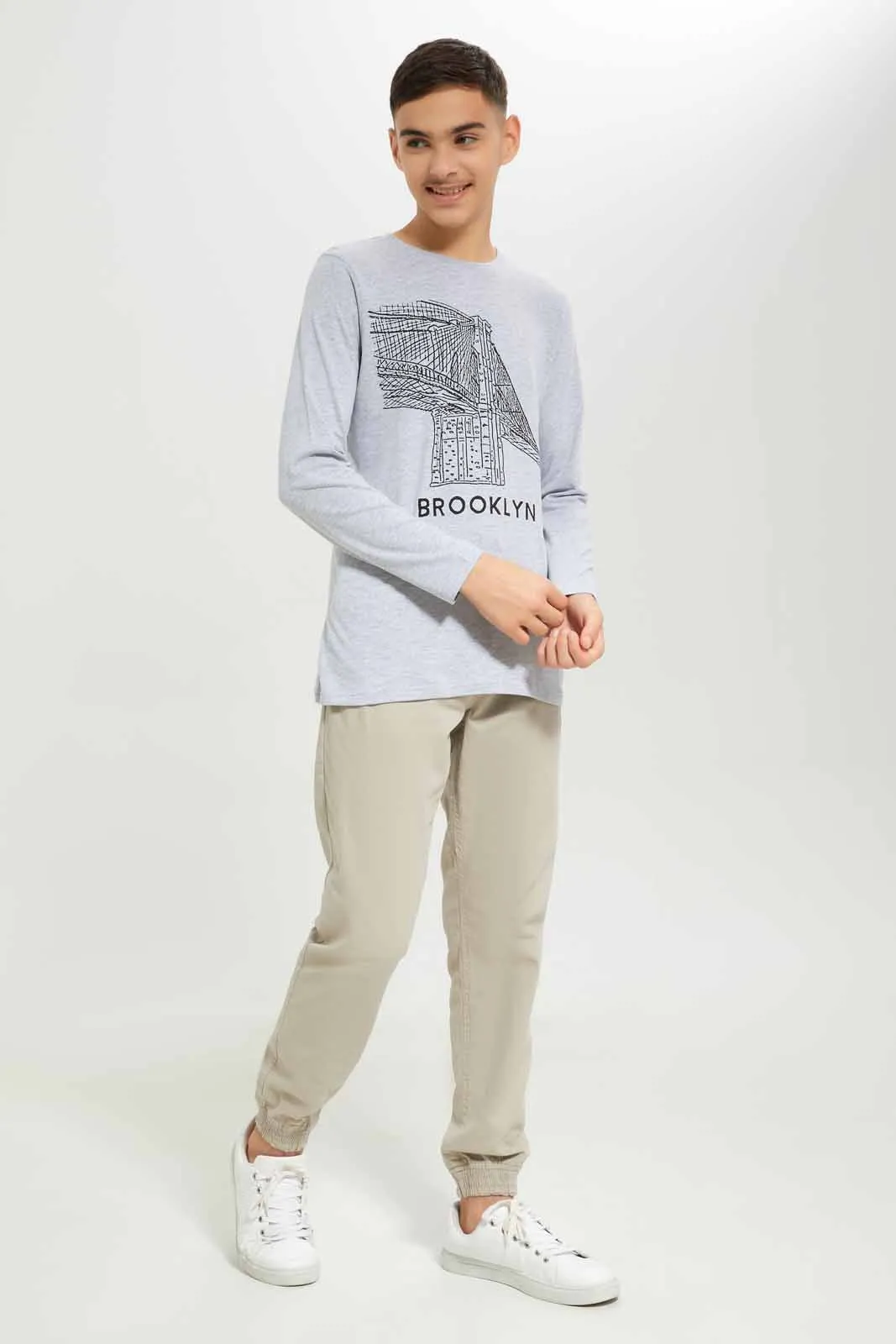 Boys Grey Brookyln Bridge Printed T-Shirt