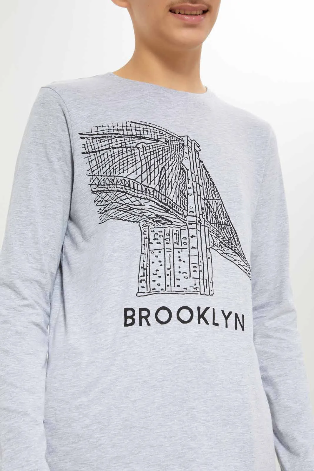 Boys Grey Brookyln Bridge Printed T-Shirt