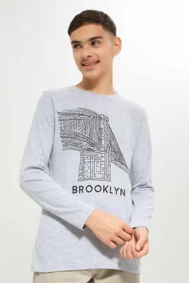 Boys Grey Brookyln Bridge Printed T-Shirt