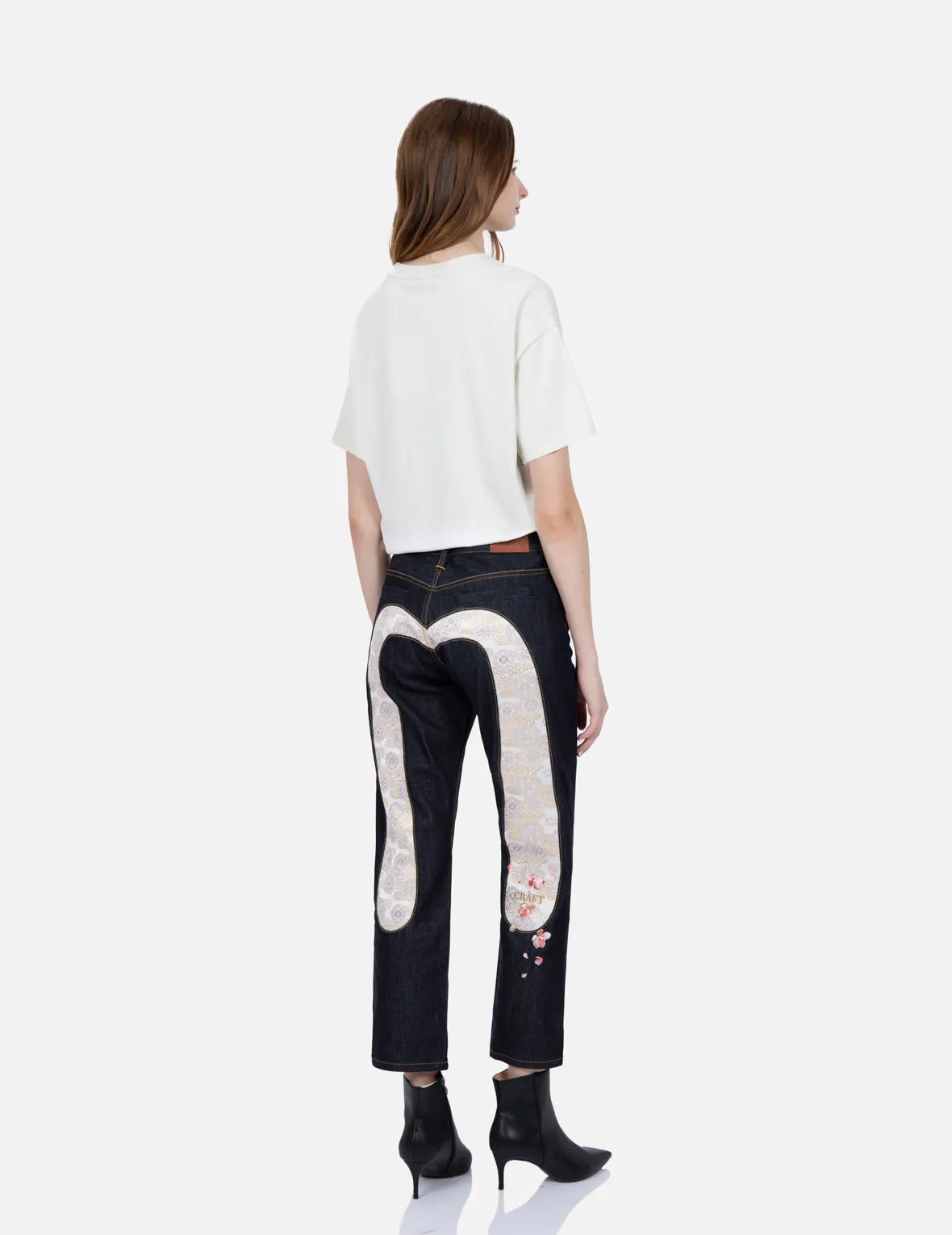 Boyfriend-Cut Brocade Detail Jeans with Classic Insert Design