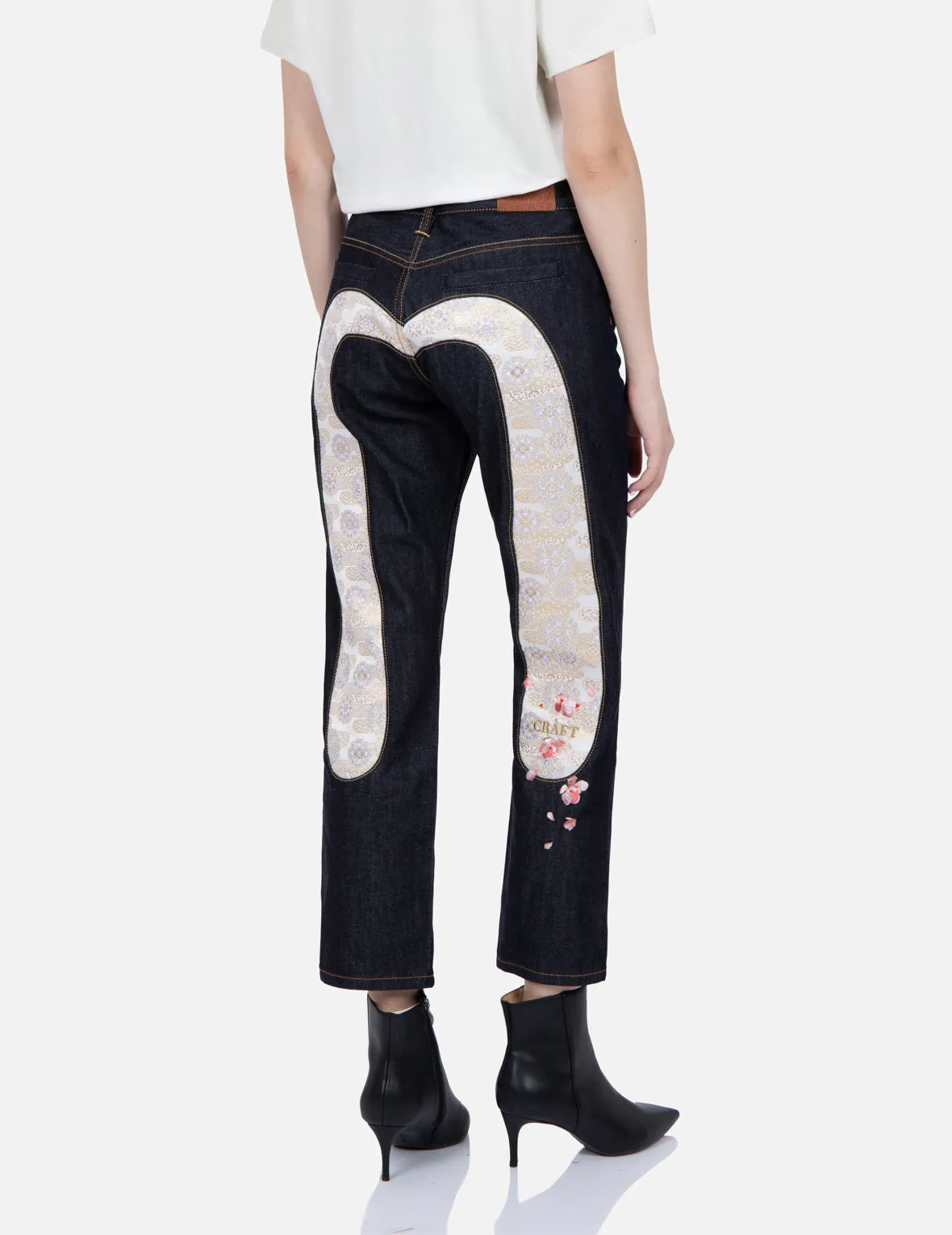Boyfriend-Cut Brocade Detail Jeans with Classic Insert Design