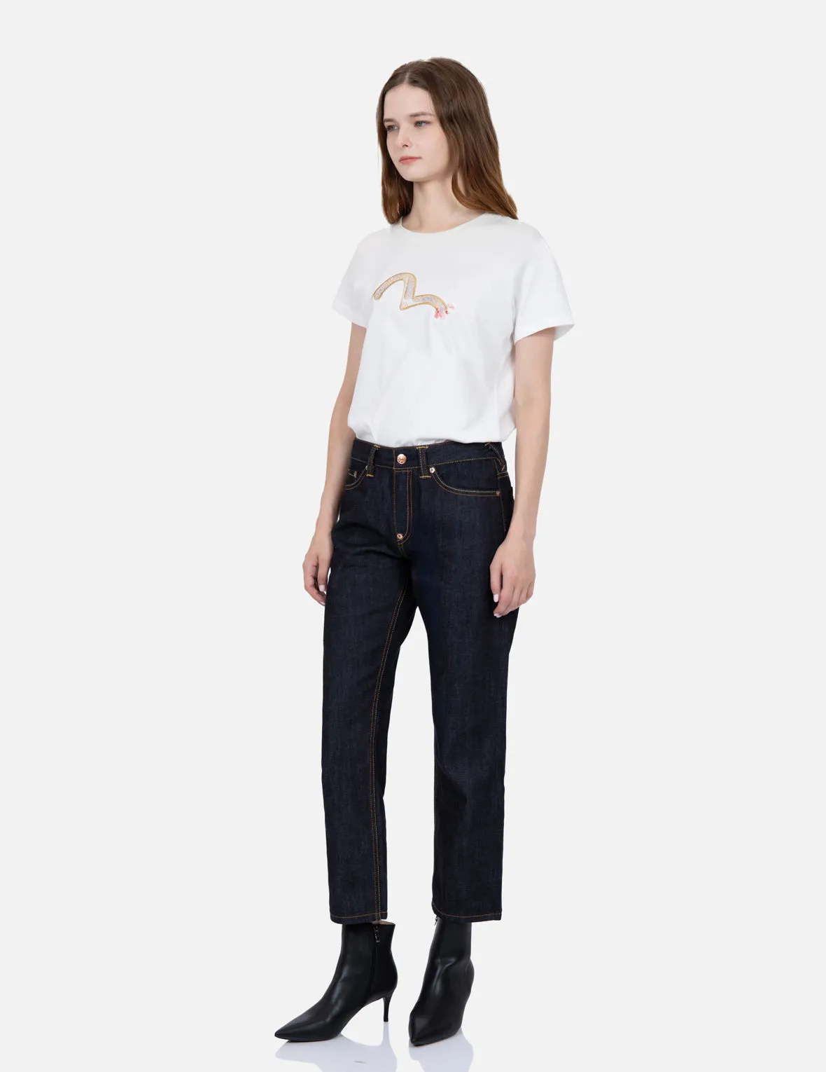 Boyfriend-Cut Brocade Detail Jeans with Classic Insert Design