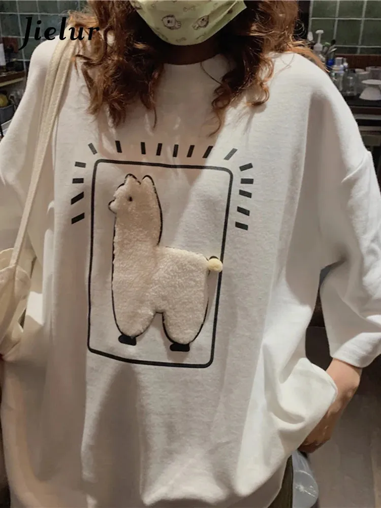 Cartoon Alpaca Animal Printed Casual Loose M-XL Size Korean Style Summer Short Sleeve Women Top Female T-Shirts