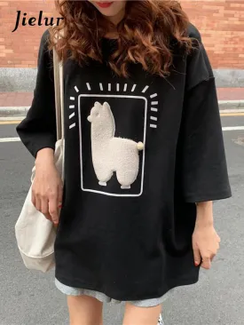 Cartoon Alpaca Animal Printed Casual Loose M-XL Size Korean Style Summer Short Sleeve Women Top Female T-Shirts