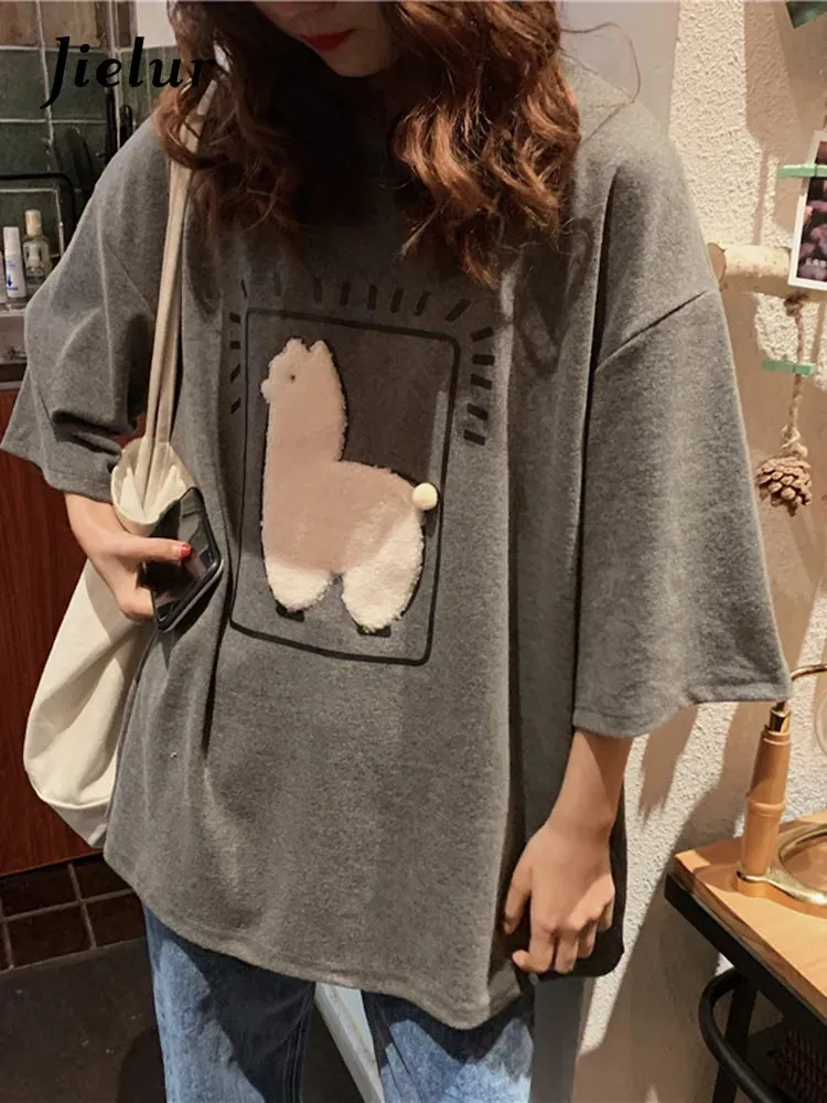 Cartoon Alpaca Animal Printed Casual Loose M-XL Size Korean Style Summer Short Sleeve Women Top Female T-Shirts