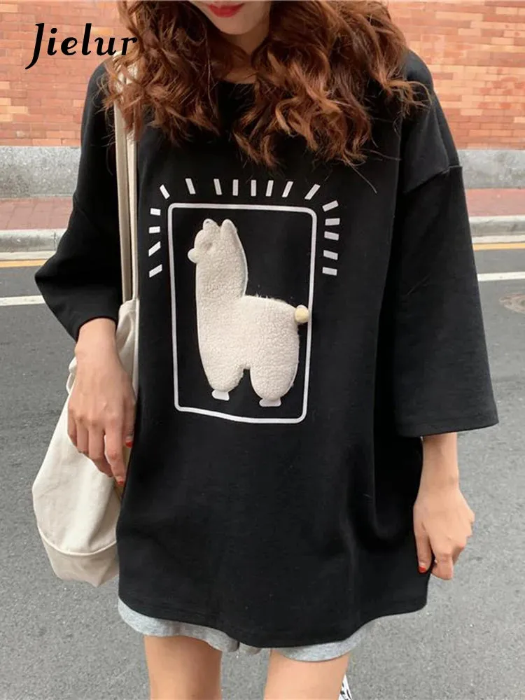 Cartoon Alpaca Animal Printed Casual Loose M-XL Size Korean Style Summer Short Sleeve Women Top Female T-Shirts