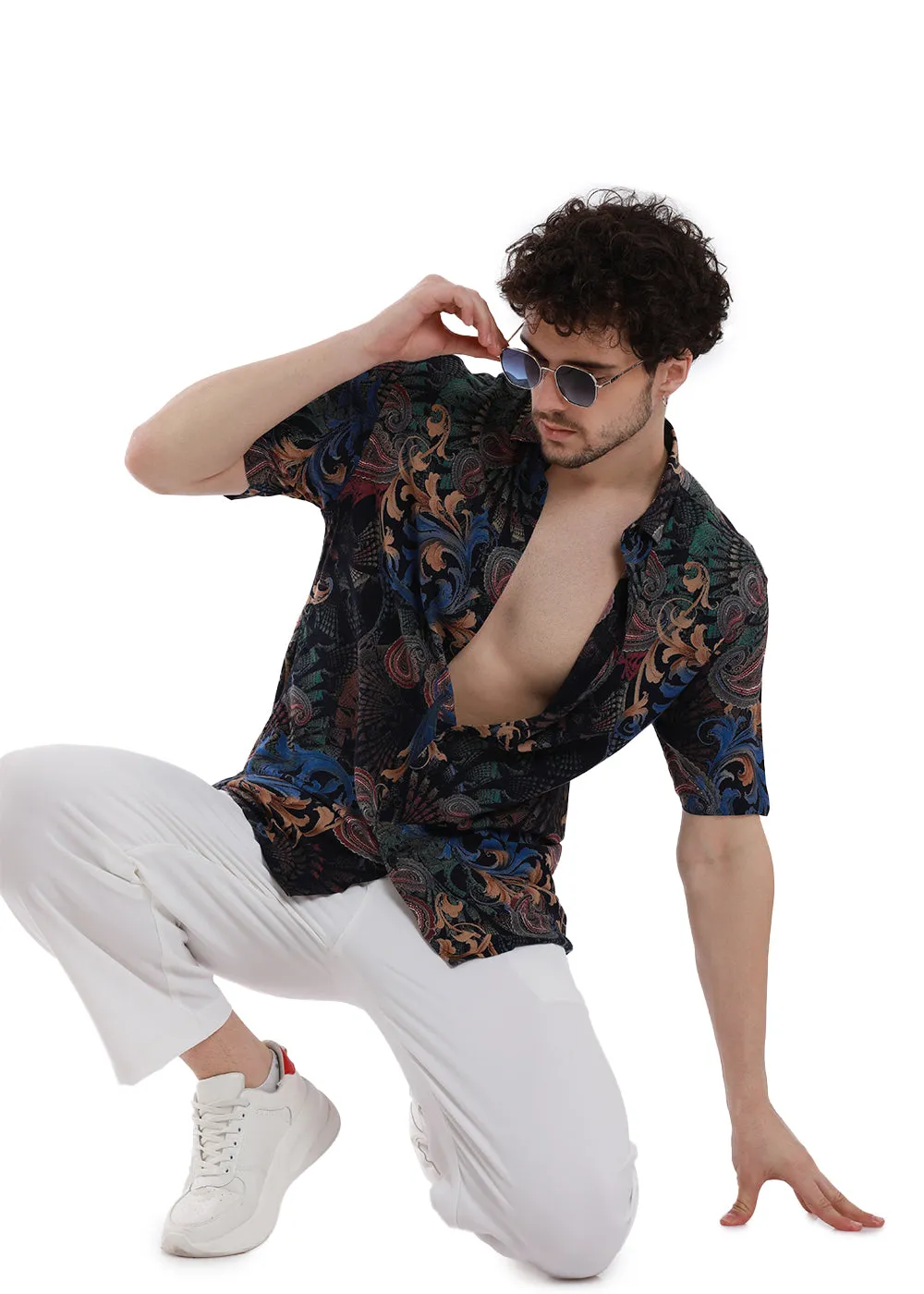 Celestia Blue Paisley Half Sleeves Feather Shirt