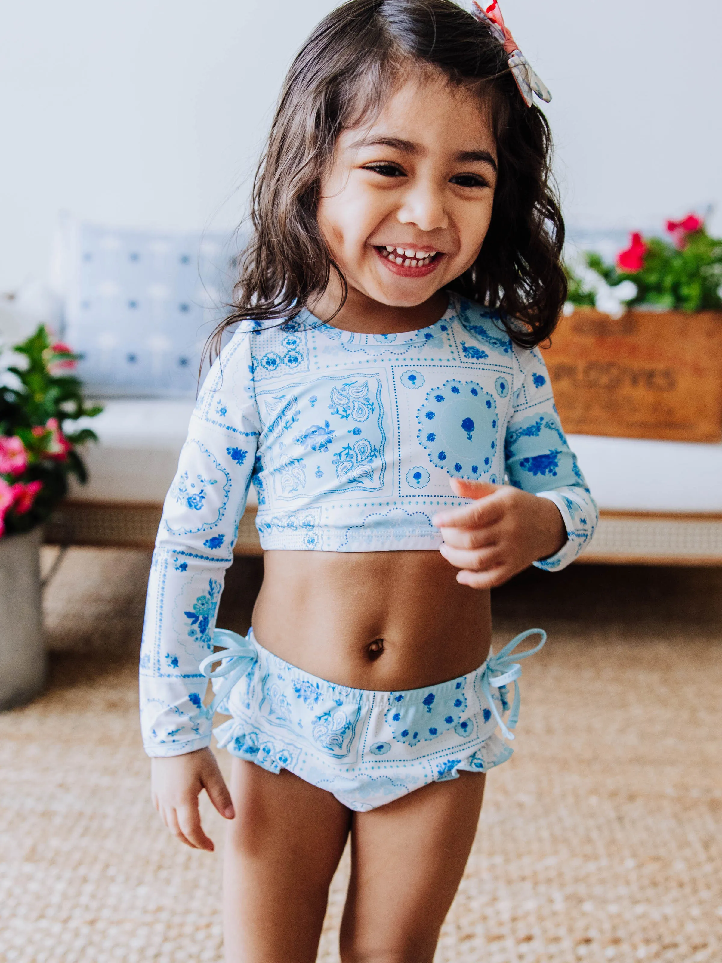 Crop Rash Guard - Patchwork Blue