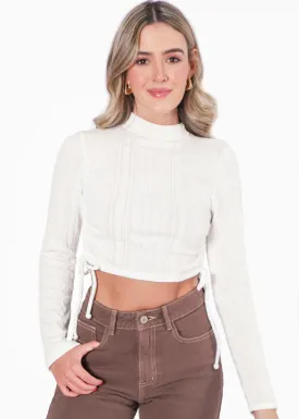 Crop top manga larga cuello alto con anudados en costados - LEYLAH