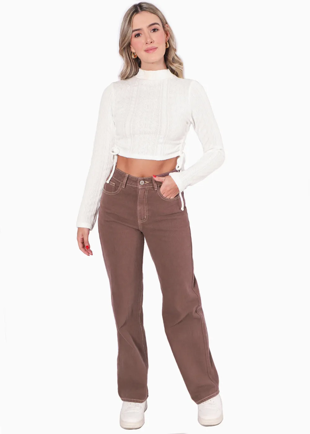 Crop top manga larga cuello alto con anudados en costados - LEYLAH