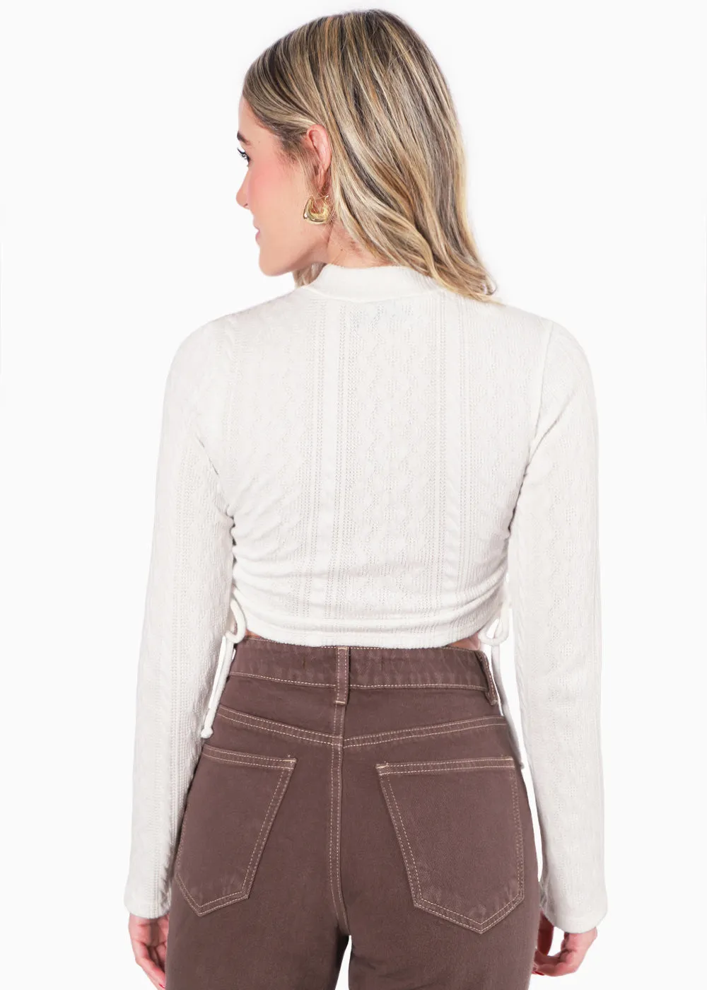Crop top manga larga cuello alto con anudados en costados - LEYLAH